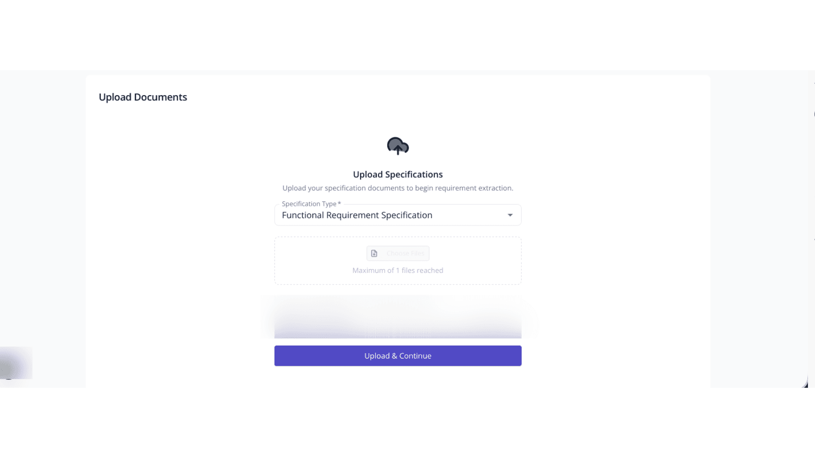 SpecLoom upload interface with a staged requirements document