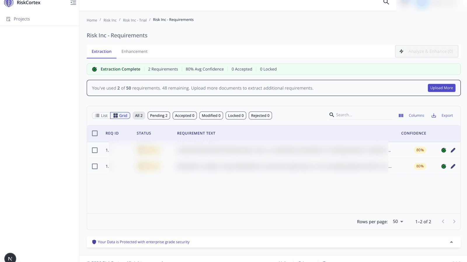 SpecLoom review table showing extracted requirements with status and confidence