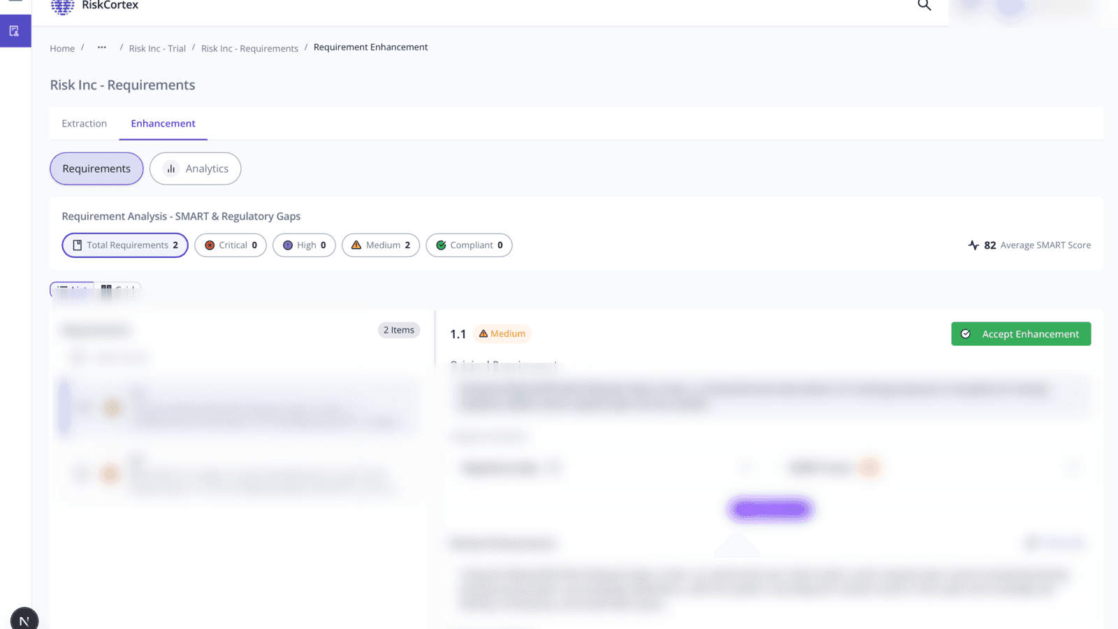 SpecLoom enhancement view showing SMART analysis and regulatory gap scoring